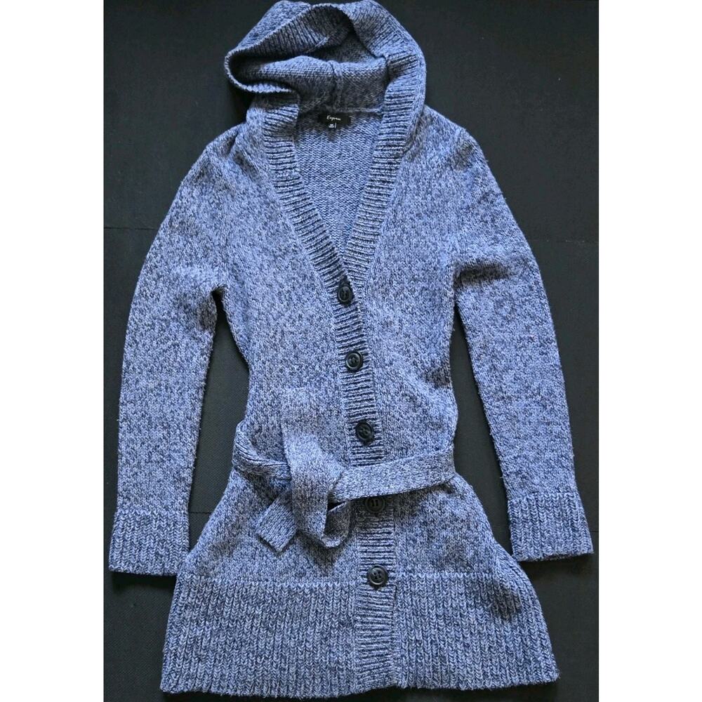 Express Gray Heather Acrylic Wool Button Long Cardigan Hooded, W/Belt Size M